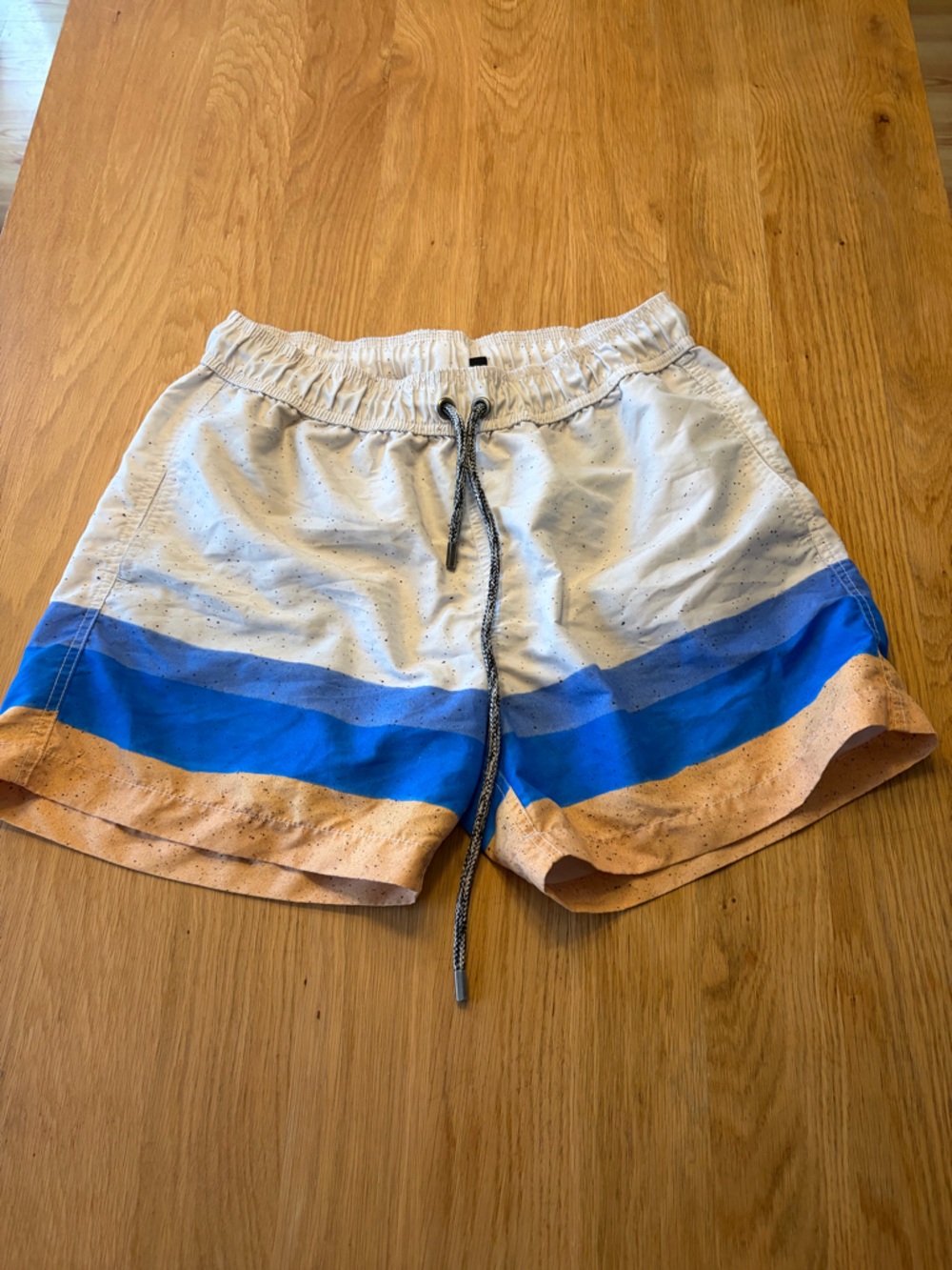 Pangea Swimwear Mens L Swim Trunks Colorblock Blue Cream Tan Lined